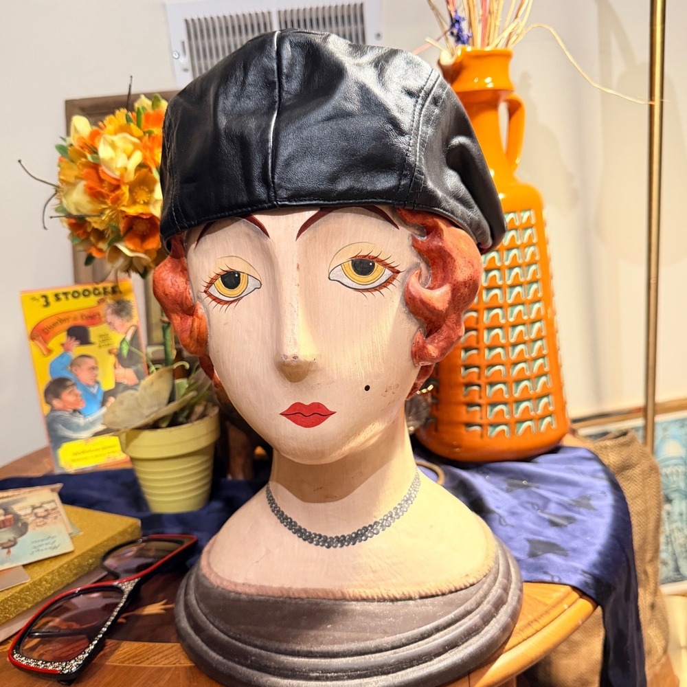 Broner VTG Black Genuine Leather Newsboy Cap Hat Snap Brim Baker Boy XL Korea